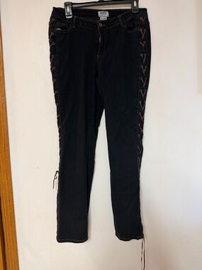 3/$15 Indigo Lace-Up Tapered Jeans Stretch Denim Monroe & Main Boho Pant size 8